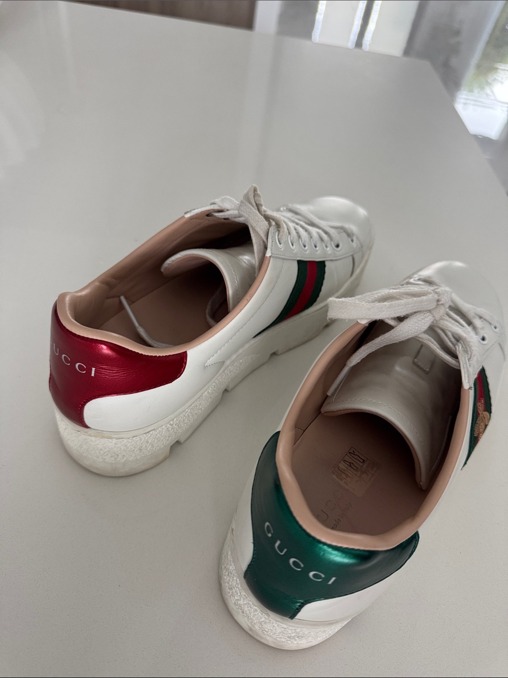 Gucci White Leather Sneakers with Green & Red Web and Gold Bee - Picture 8 of 9